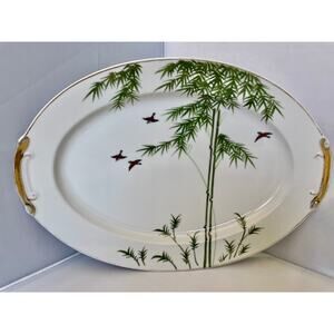 KUTANI Porcelain Gold Gilded Serving Platter Bamboo Trees and Birds Pattern 16"